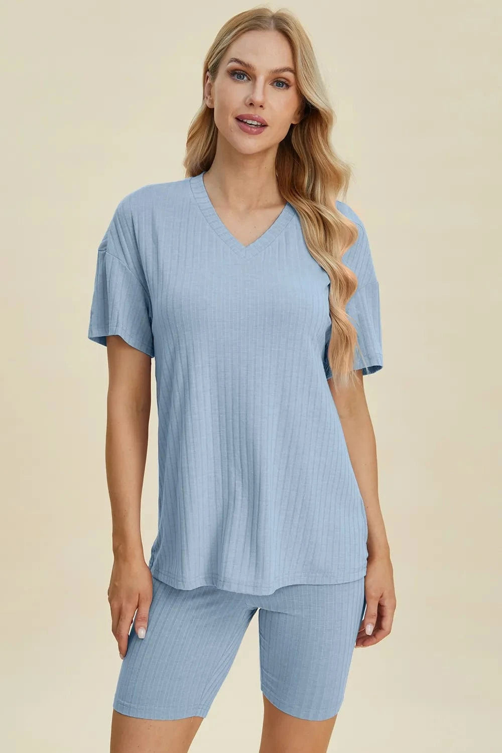 Light Blue Basic Bae Full Size Ribbed V-Neck Short Sleeve Top and Shorts Set everyday essentials