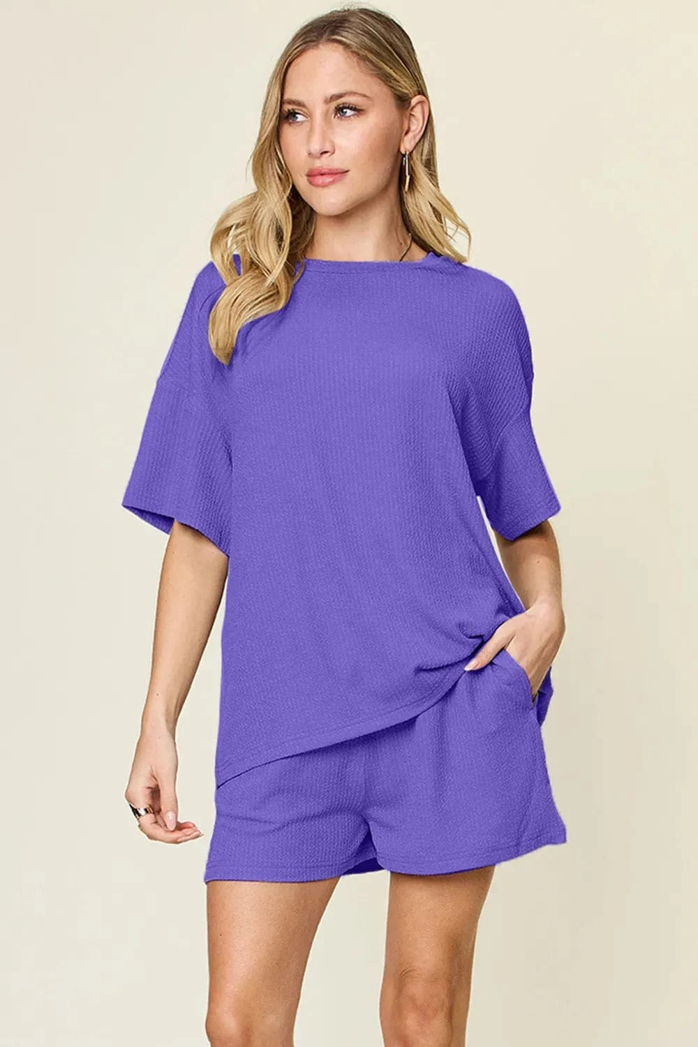 Light Indigo Double Take Basic style Round Neck Solid Set everyday essentials