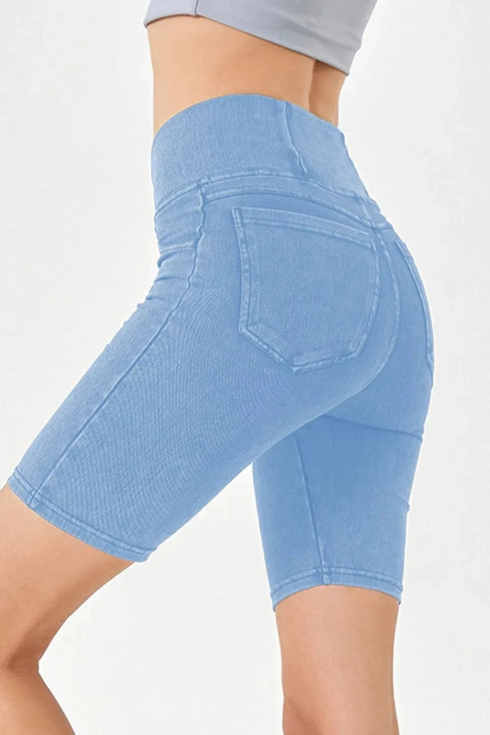 Light Basic Bae Asymmetrical Waist Denim Shorts with Pockets everyday essentials
