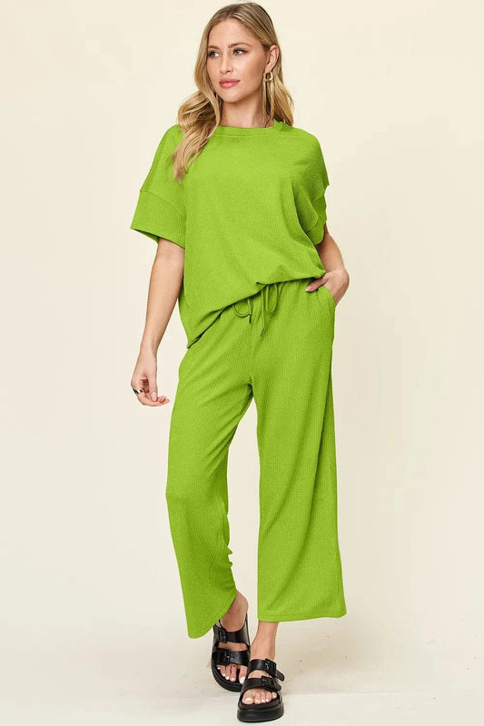 Lime Double Take Full Size Texture Round Neck Short Sleeve T-Shirt and Wide Leg Pants everyday essentials