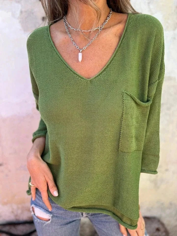 Matcha Green Full Size Casual V-Neck Knit Sweater Plus Size everyday essentials