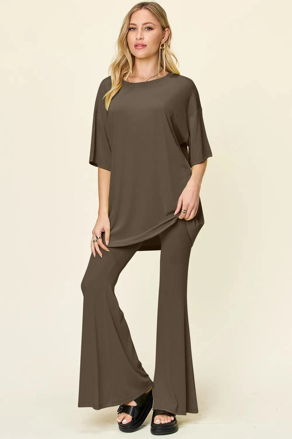Mocha Double Take Full Size Round Neck Drop Shoulder T-Shirt and Flare Pants Set everyday essentials