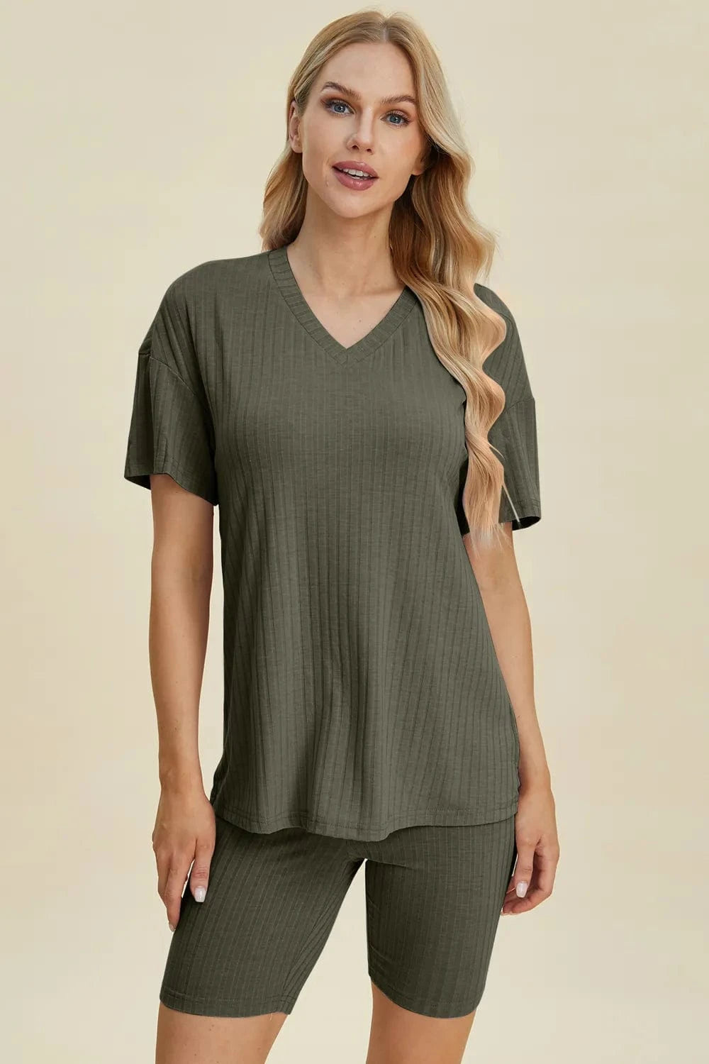 Moss Basic Bae Full Size Ribbed V-Neck Short Sleeve Top and Shorts Set everyday essentials