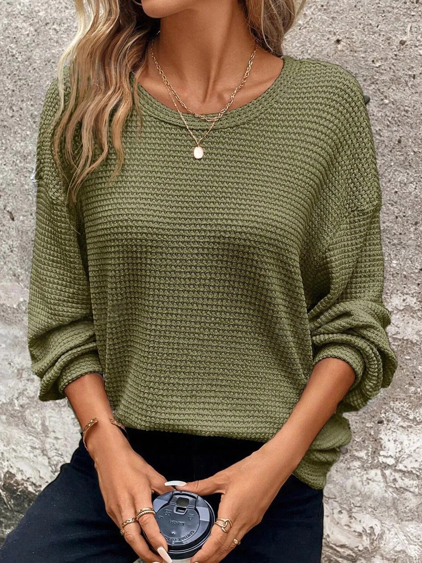 Moss Plus Size Relaxed Fit Waffle Knit Round Neck T-Shirt everyday essentials