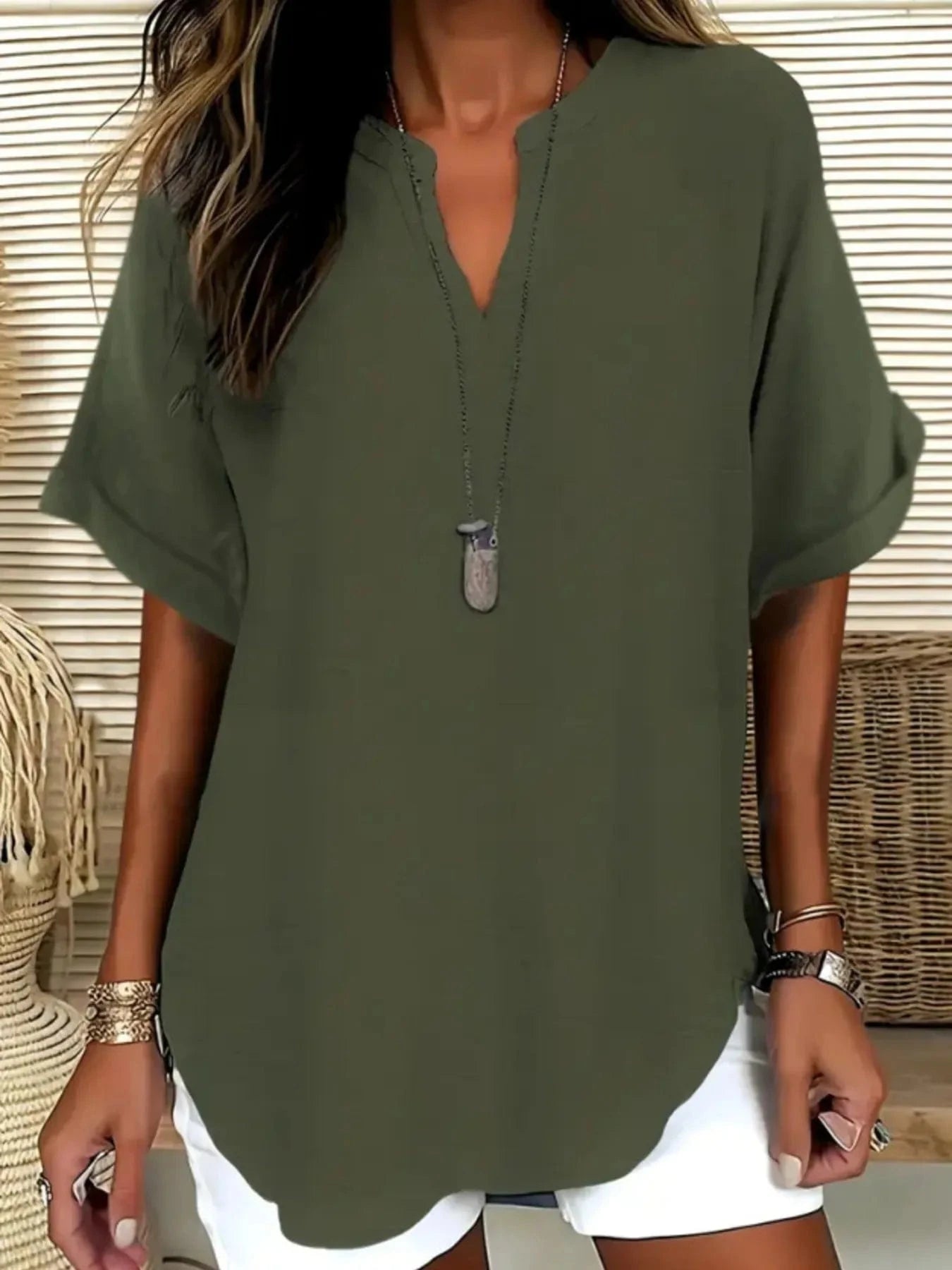 Olive Green Casual Notched Short Sleeve Blouse everyday essentials