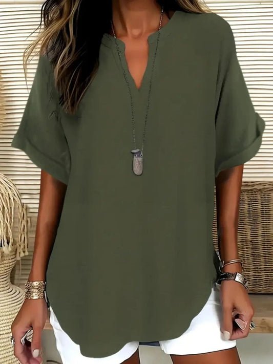 Olive Green Casual Notched Short Sleeve Blouse everyday essentials
