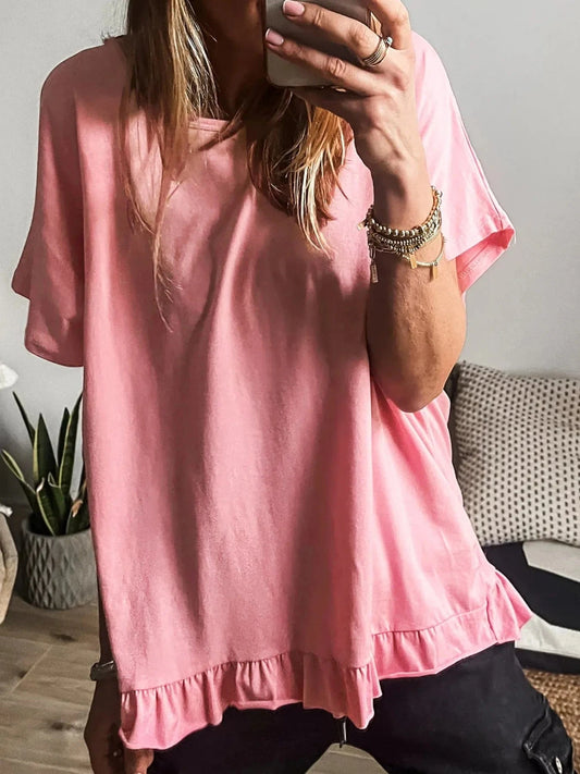 Pale Blush Ruffle Hem Round Neck Relaxed T-Shirt everyday essentials