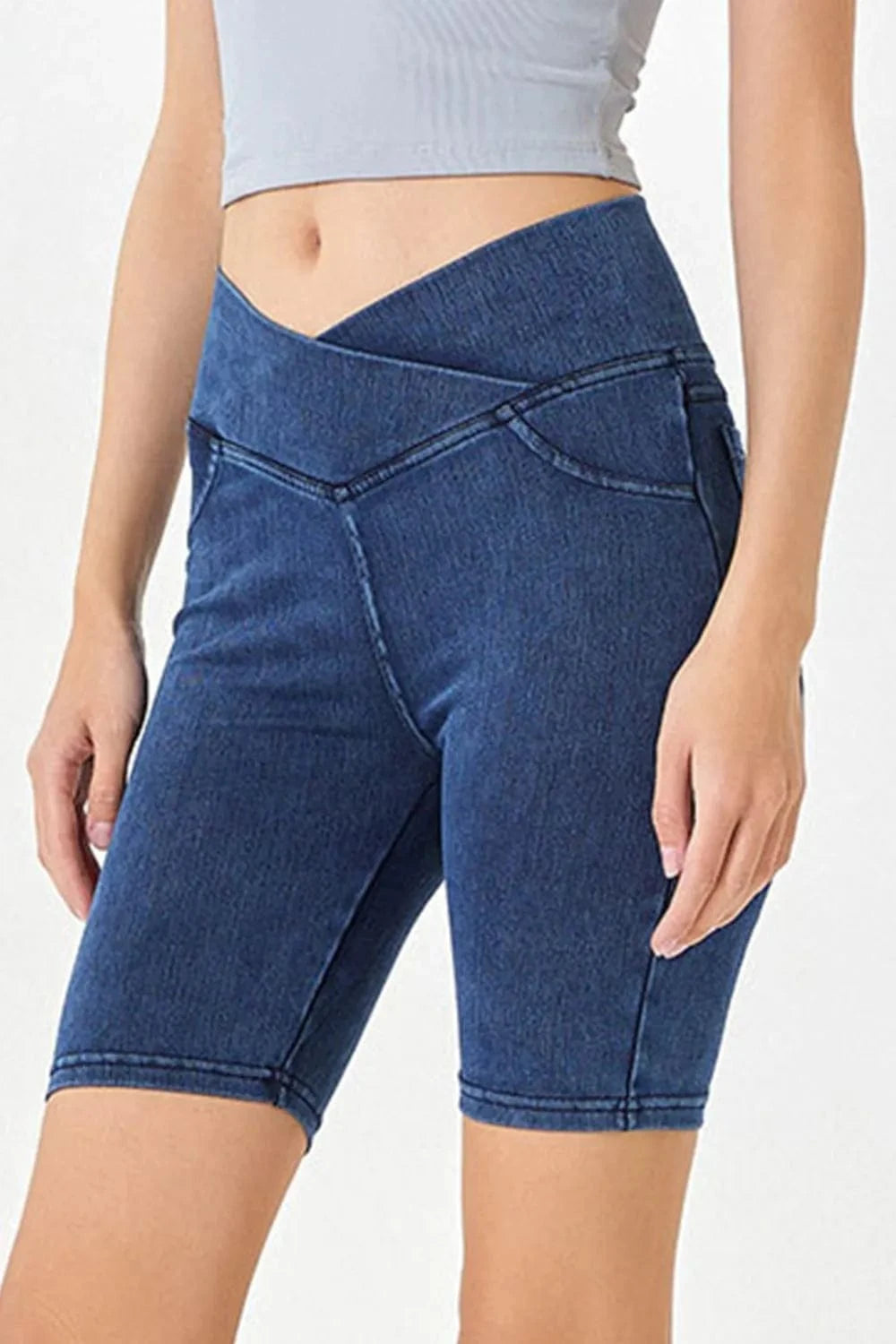 Peacock Blue Basic Bae Asymmetrical Waist Denim Shorts with Pockets everyday essentials