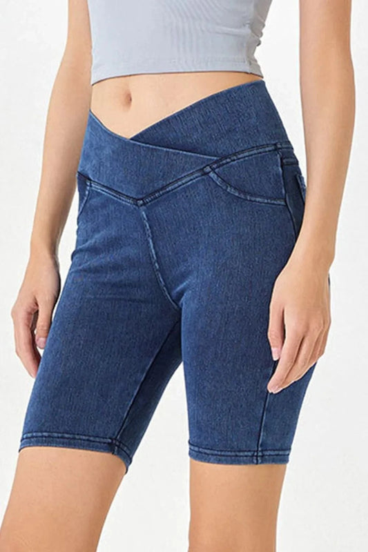 Peacock Blue Basic Bae Asymmetrical Waist Denim Shorts with Pockets everyday essentials