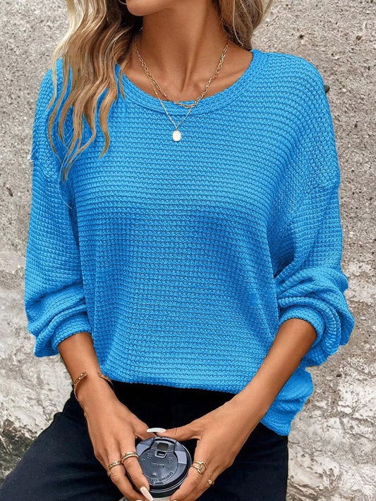 Royal Blue Plus Size Relaxed Fit Waffle Knit Round Neck T-Shirt everyday essentials