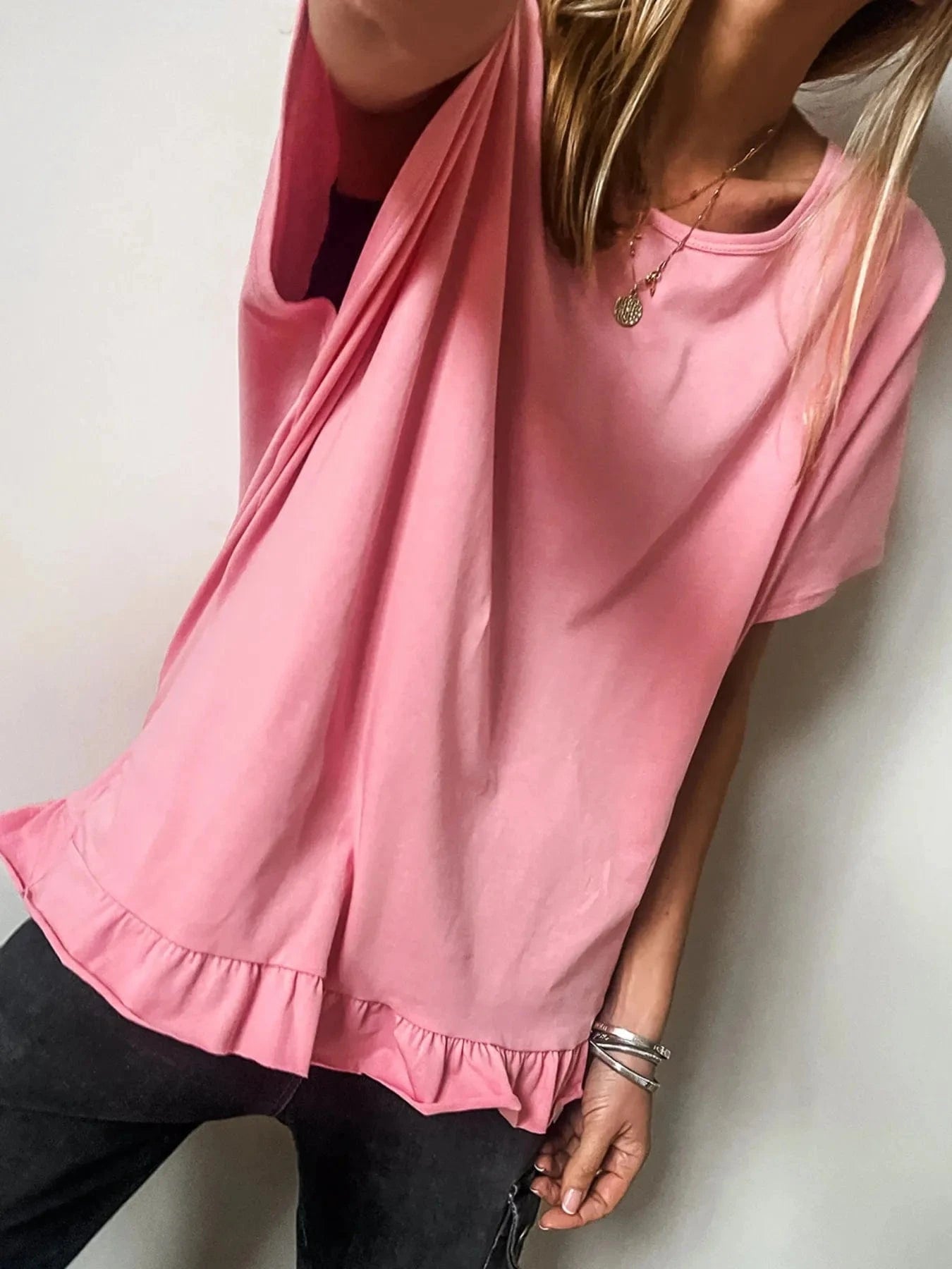 Ruffle Hem Round Neck Relaxed T-Shirt everyday essentials