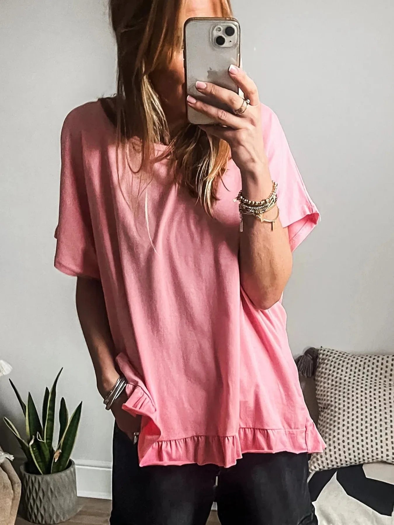 Ruffle Hem Round Neck Relaxed T-Shirt everyday essentials