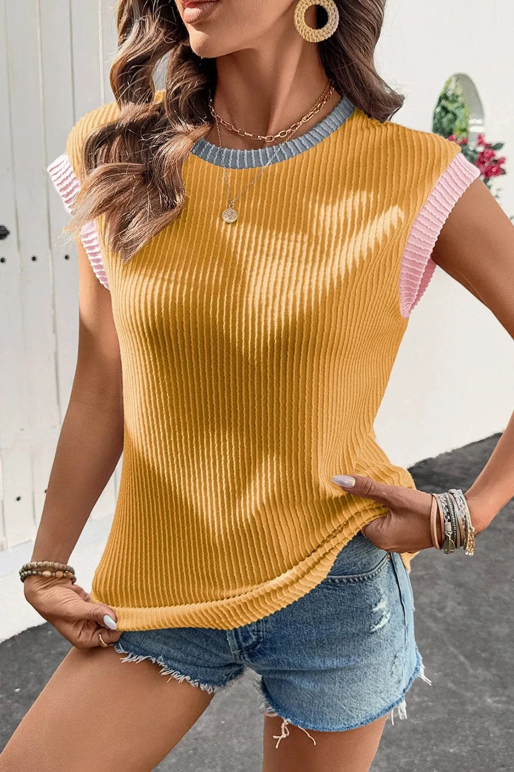 Sherbet Contrast Trim Ribbed Knit Sleeveless Top everyday essentials