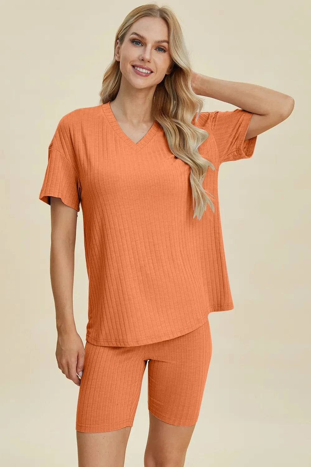 Tangerine Basic Bae Full Size Ribbed V-Neck Short Sleeve Top and Shorts Set everyday essentials