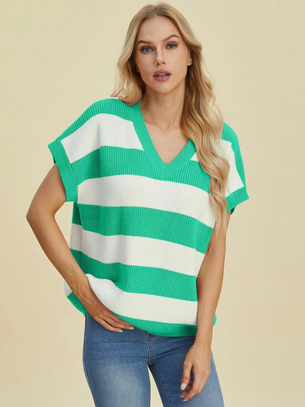 Turquoise Double Take Full Size Striped V-Neck Short Sleeve Sweater everyday essentials