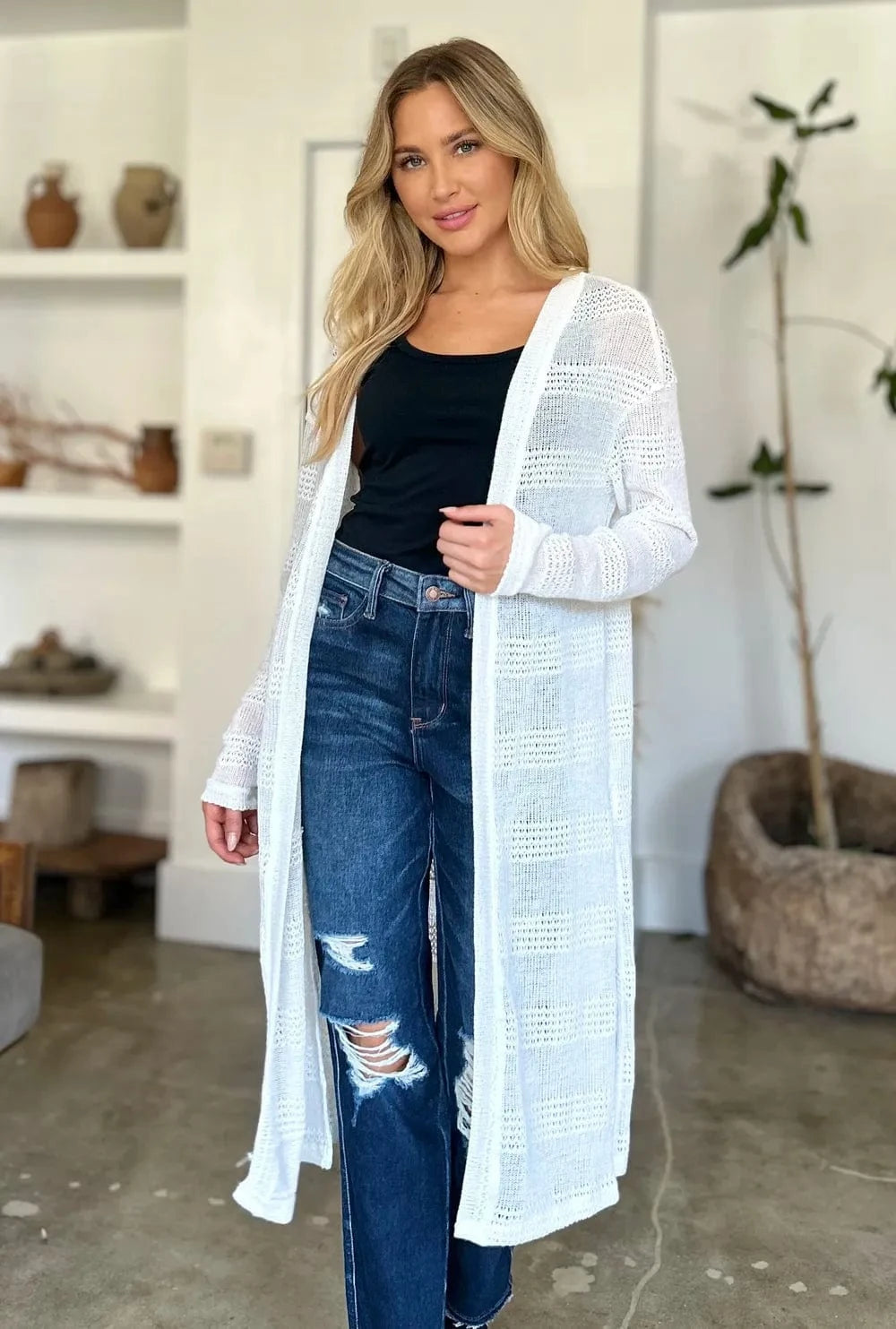 White Double Take Full Size Open Front Longline Cardigan everyday essentials