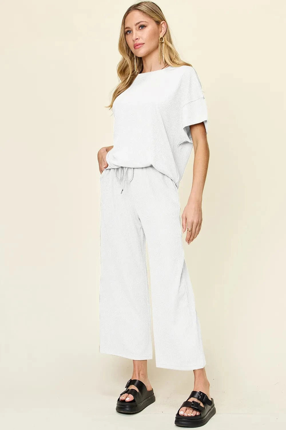 White Double Take Full Size Texture Round Neck Short Sleeve T-Shirt and Wide Leg Pants everyday essentials