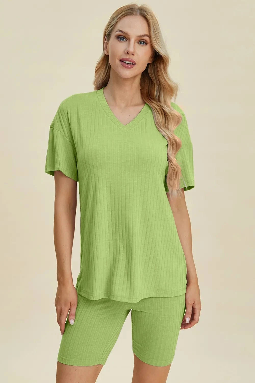 Yellow-Green Basic Bae Full Size Ribbed V-Neck Short Sleeve Top and Shorts Set everyday essentials
