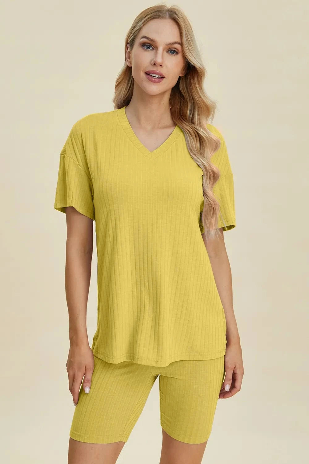Yellow Basic Bae Full Size Ribbed V-Neck Short Sleeve Top and Shorts Set everyday essentials