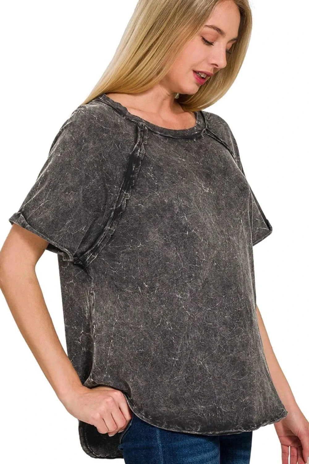 Zenana Back Patch Crinkle Washed Raglan Sleeve T-Shirts everyday essentials