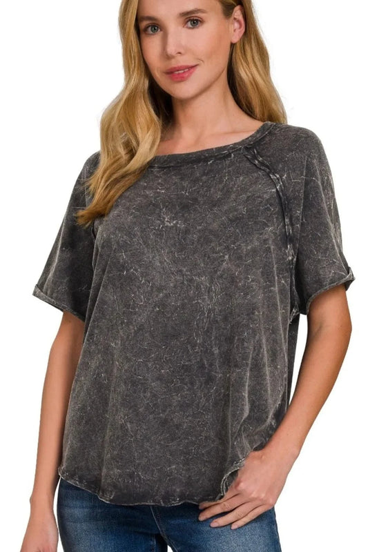 Zenana Back Patch Crinkle Washed Raglan Sleeve T-Shirts everyday essentials