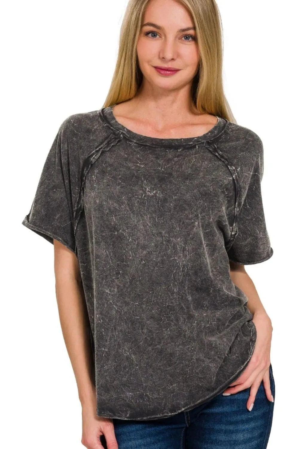 Zenana Back Patch Crinkle Washed Raglan Sleeve T-Shirts everyday essentials