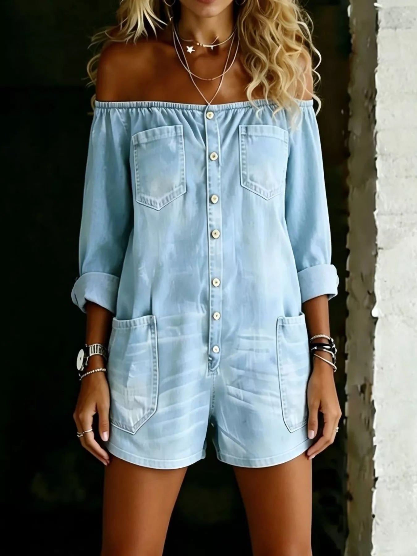 Plus Size Off-Shoulder Button-Front Romper