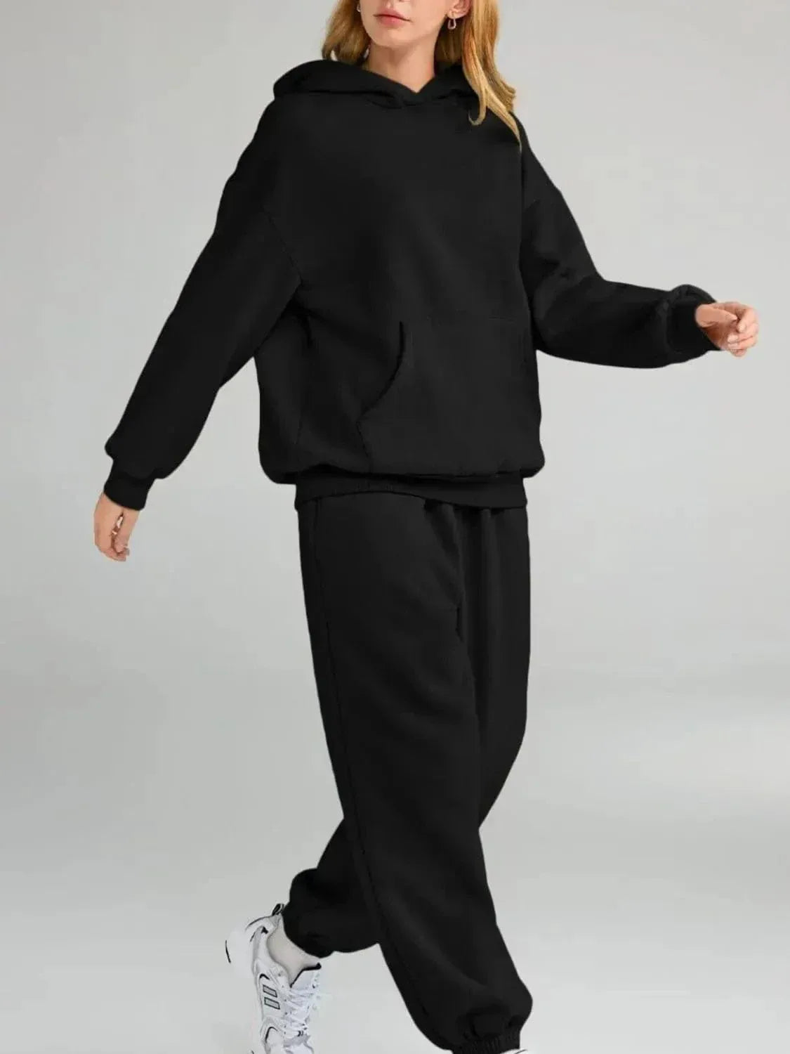 Plus Size Kangaroo Pocket Hoodie and Joggers Set for Women