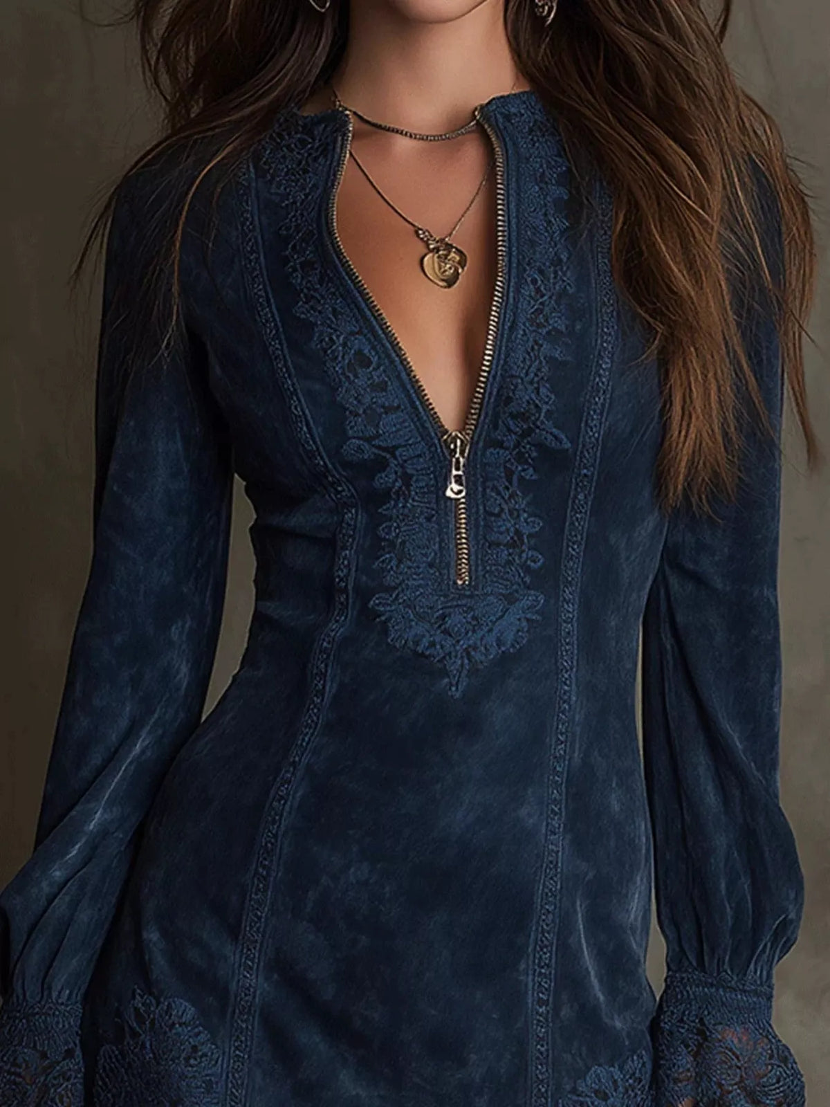 Plus-Size Zip-Front Long-Sleeve Mini Dress