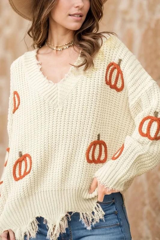 Halloween sweaters Beige / S Raw Hem Pumpkin V-Neck Long Sleeve Sweater Raw Hem Pumpkin V-Neck Long Sleeve Sweater