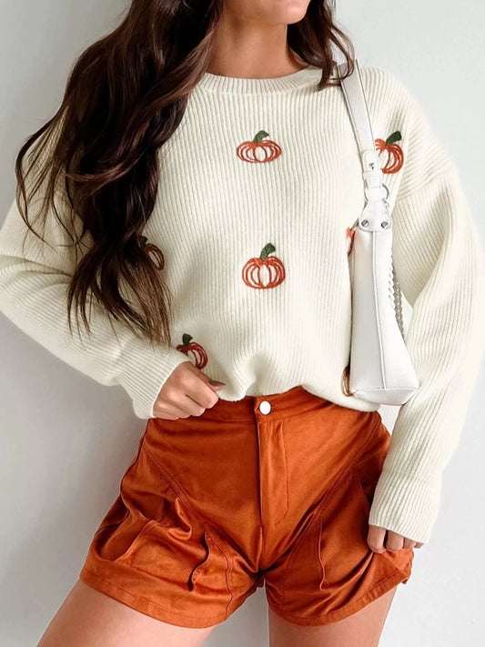 Halloween sweaters Cream / M Halloween Pumpkin Embroidered Round Neck Long Sleeve Sweater Halloween Pumpkin Embroidered Round Neck Long Sleeve Sweater