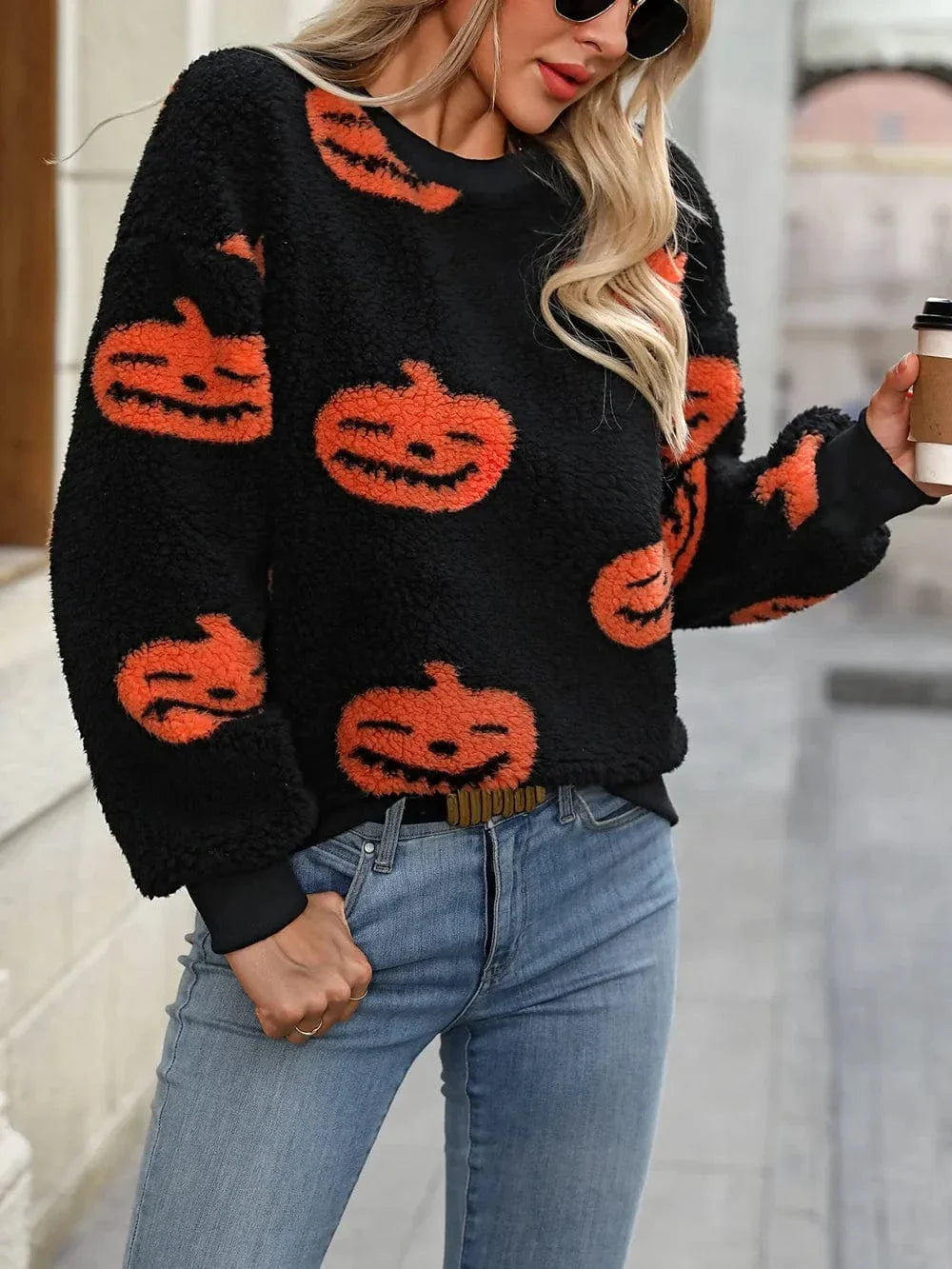 Halloween sweaters Fuzzy Pumpkin Round Neck Dropped Shoulder Sweater Fuzzy Pumpkin Round Neck Dropped Shoulder Sweater