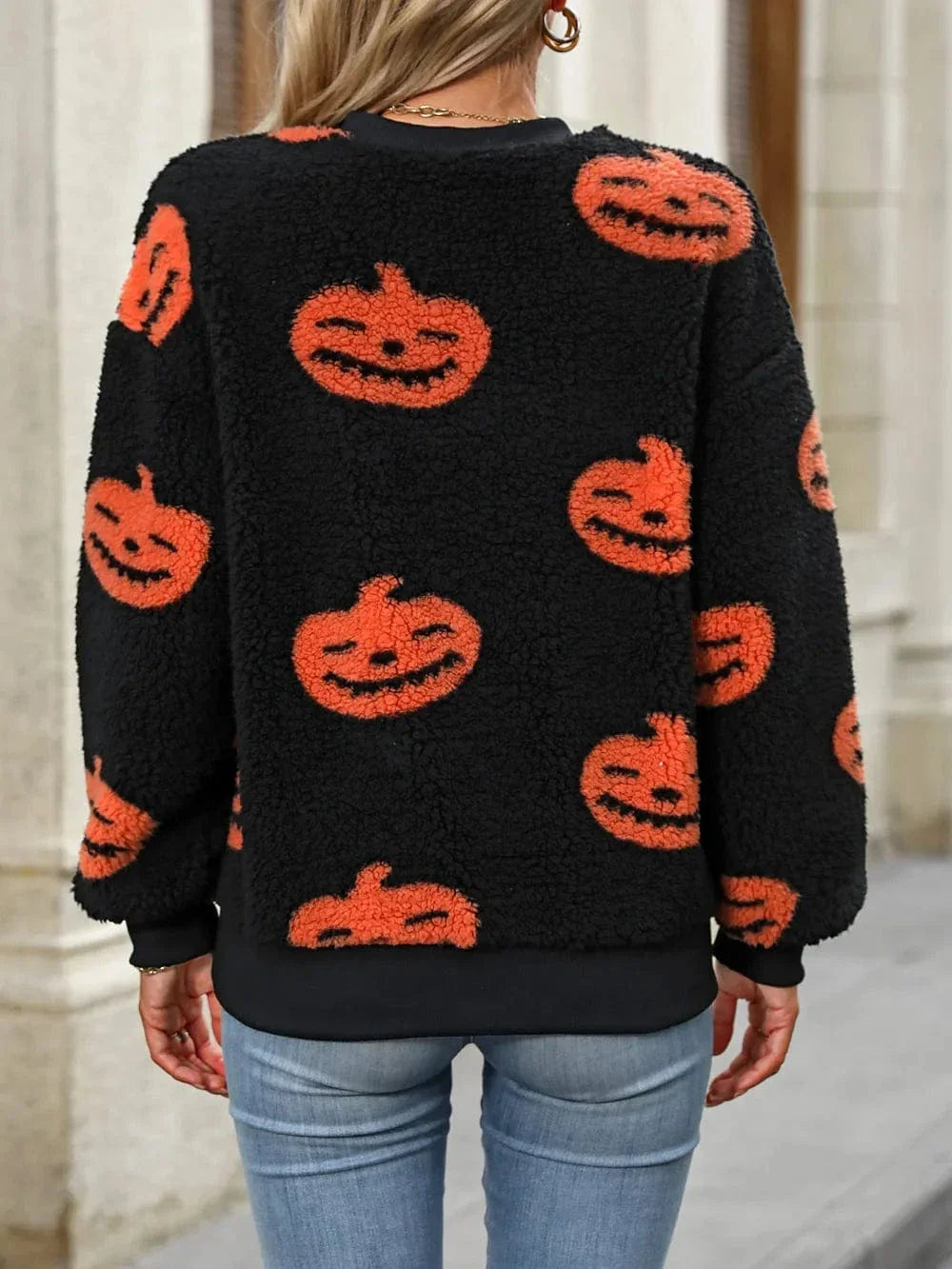 Halloween sweaters Fuzzy Pumpkin Round Neck Dropped Shoulder Sweater Fuzzy Pumpkin Round Neck Dropped Shoulder Sweater
