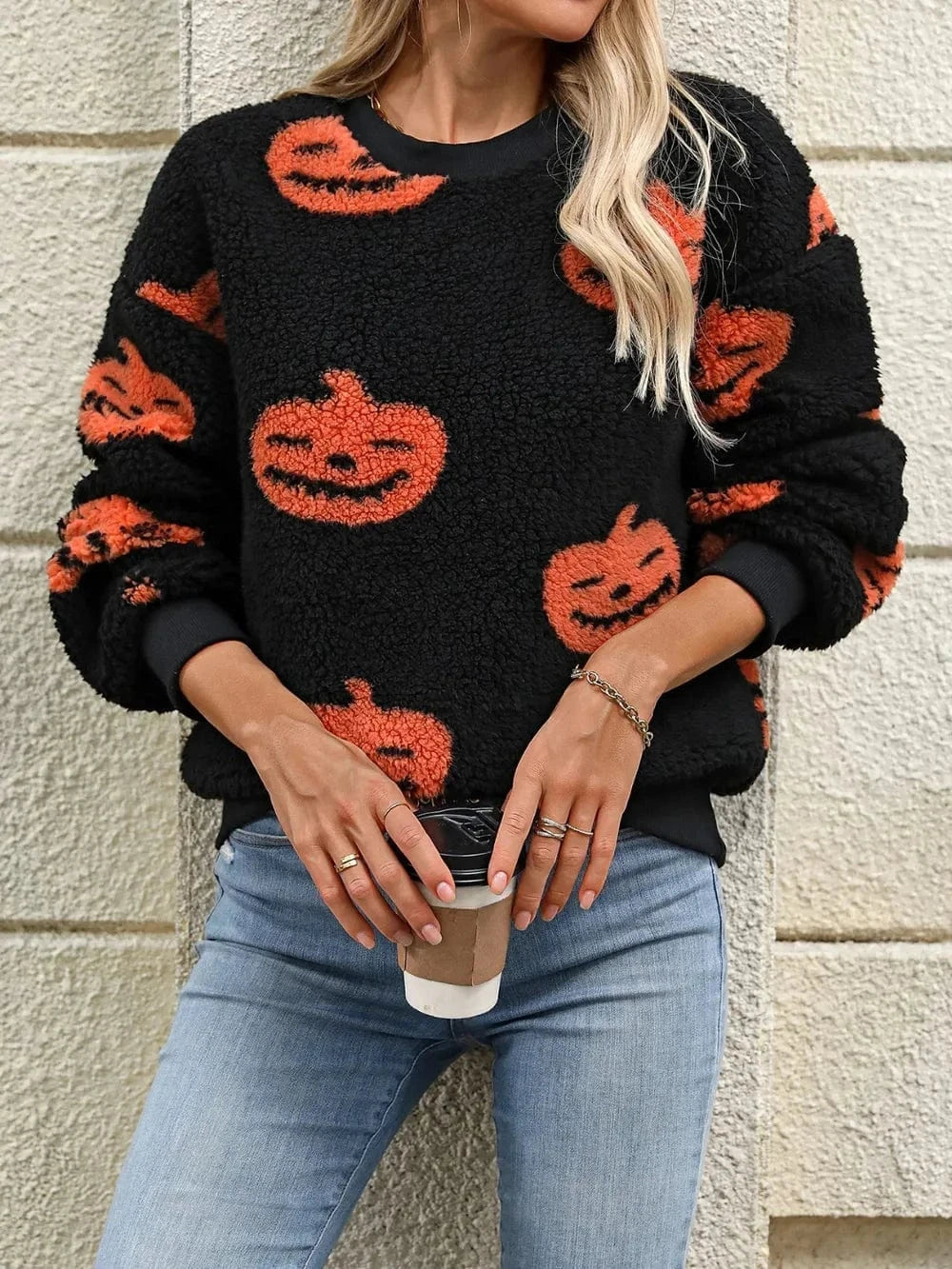 Halloween sweaters Fuzzy Pumpkin Round Neck Dropped Shoulder Sweater Fuzzy Pumpkin Round Neck Dropped Shoulder Sweater