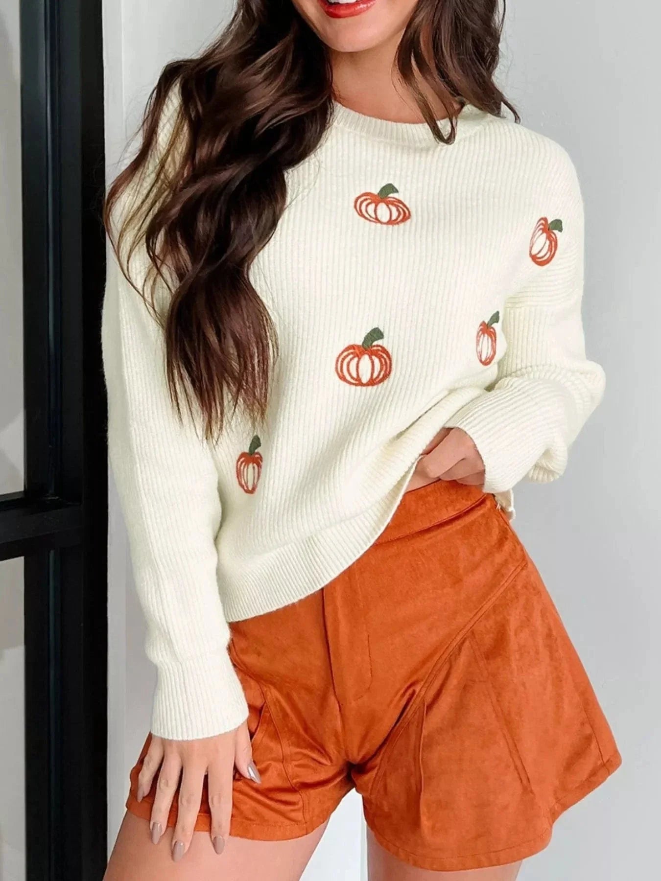 Halloween sweaters Halloween Pumpkin Embroidered Round Neck Long Sleeve Sweater Halloween Pumpkin Embroidered Round Neck Long Sleeve Sweater