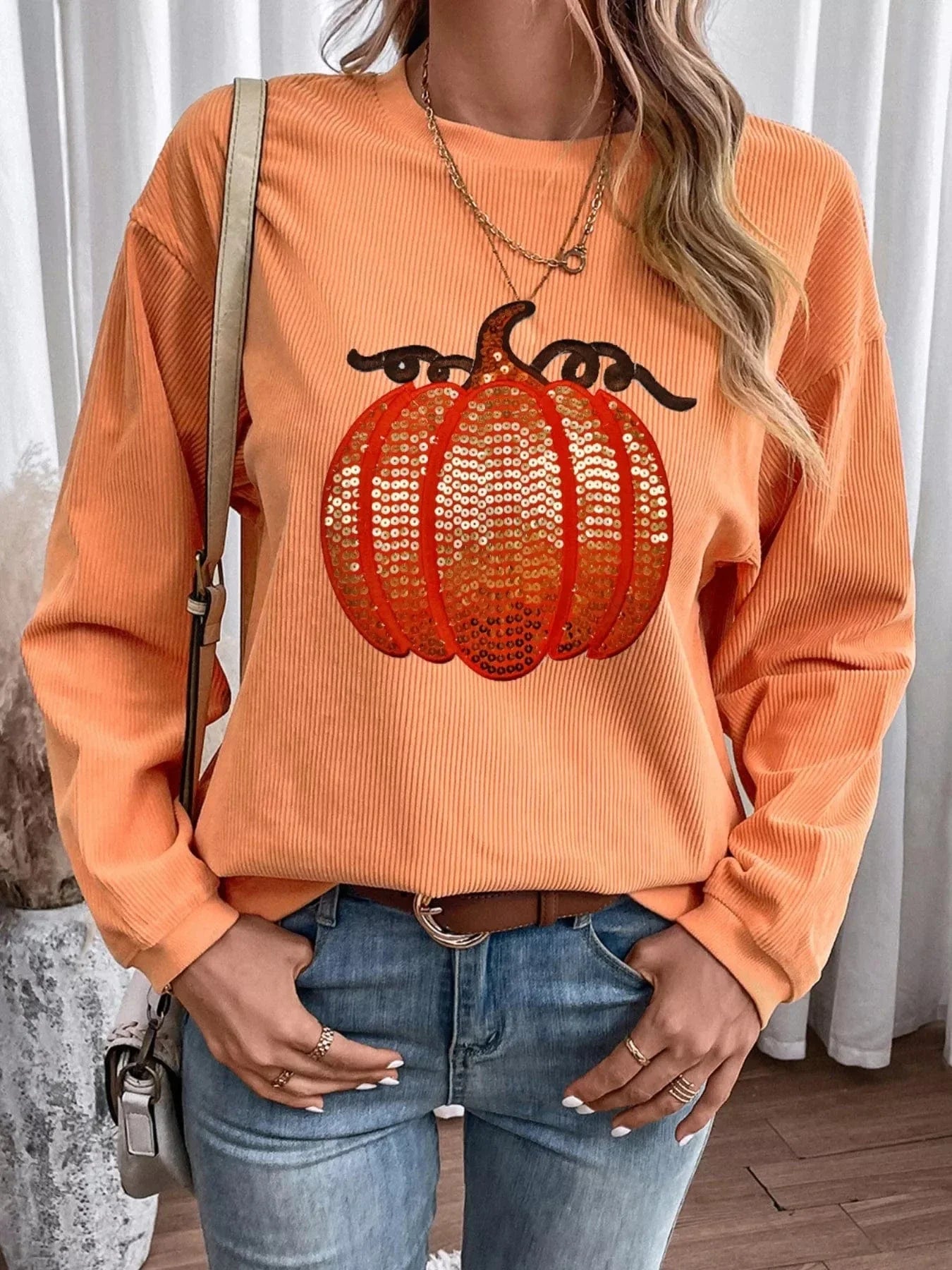 Halloween sweaters Halloween Sequined Pumpkin Ribbed Round Neck Sweatshirt Halloween Sequined Pumpkin Ribbed Round Neck Sweatshirt