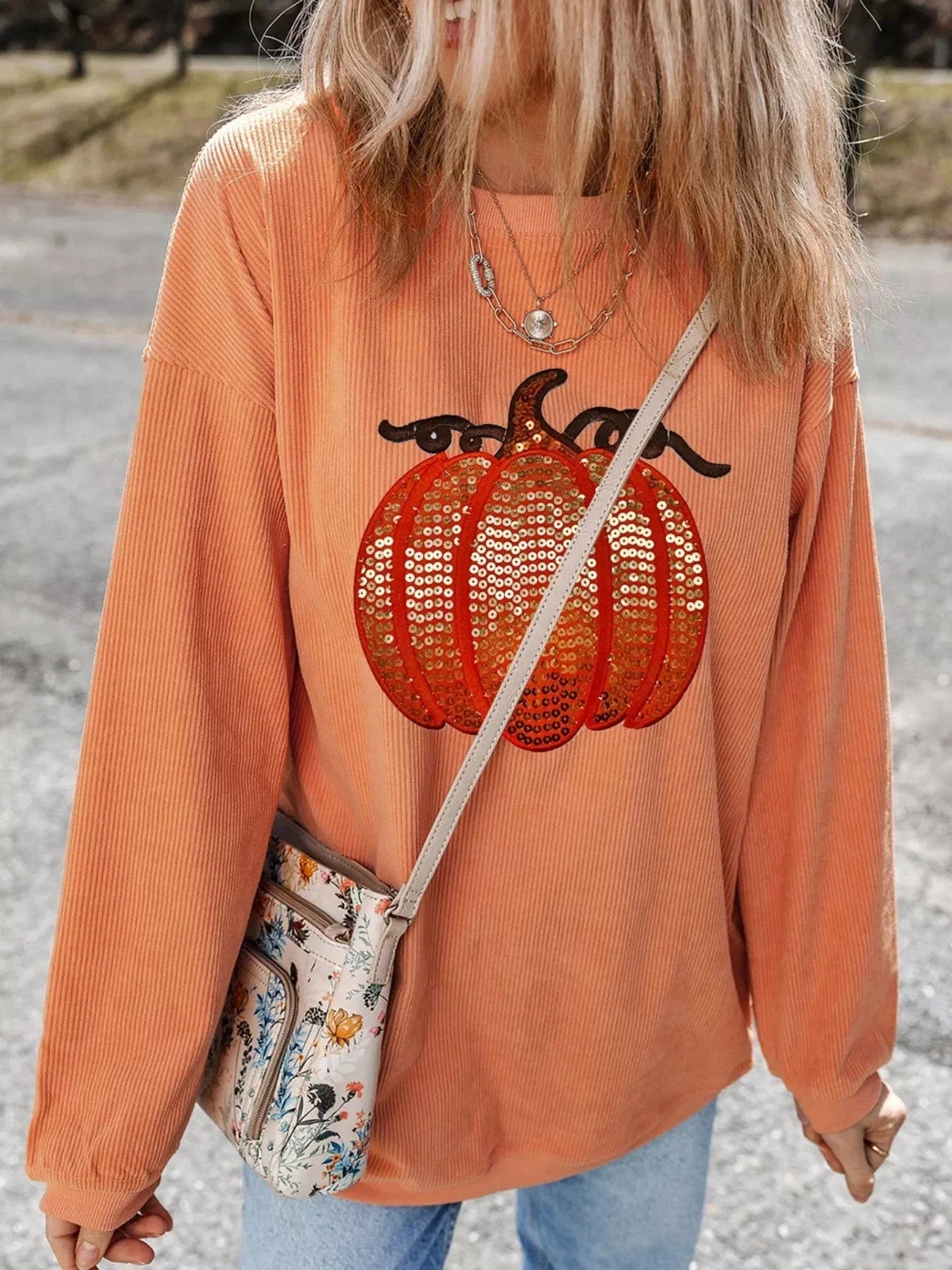 Halloween sweaters Halloween Sequined Pumpkin Ribbed Round Neck Sweatshirt Halloween Sequined Pumpkin Ribbed Round Neck Sweatshirt