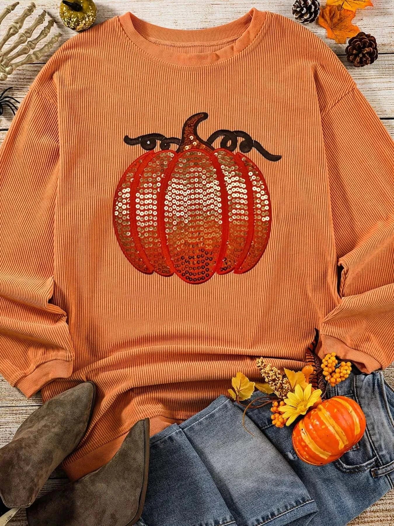 Halloween sweaters Halloween Sequined Pumpkin Ribbed Round Neck Sweatshirt Halloween Sequined Pumpkin Ribbed Round Neck Sweatshirt