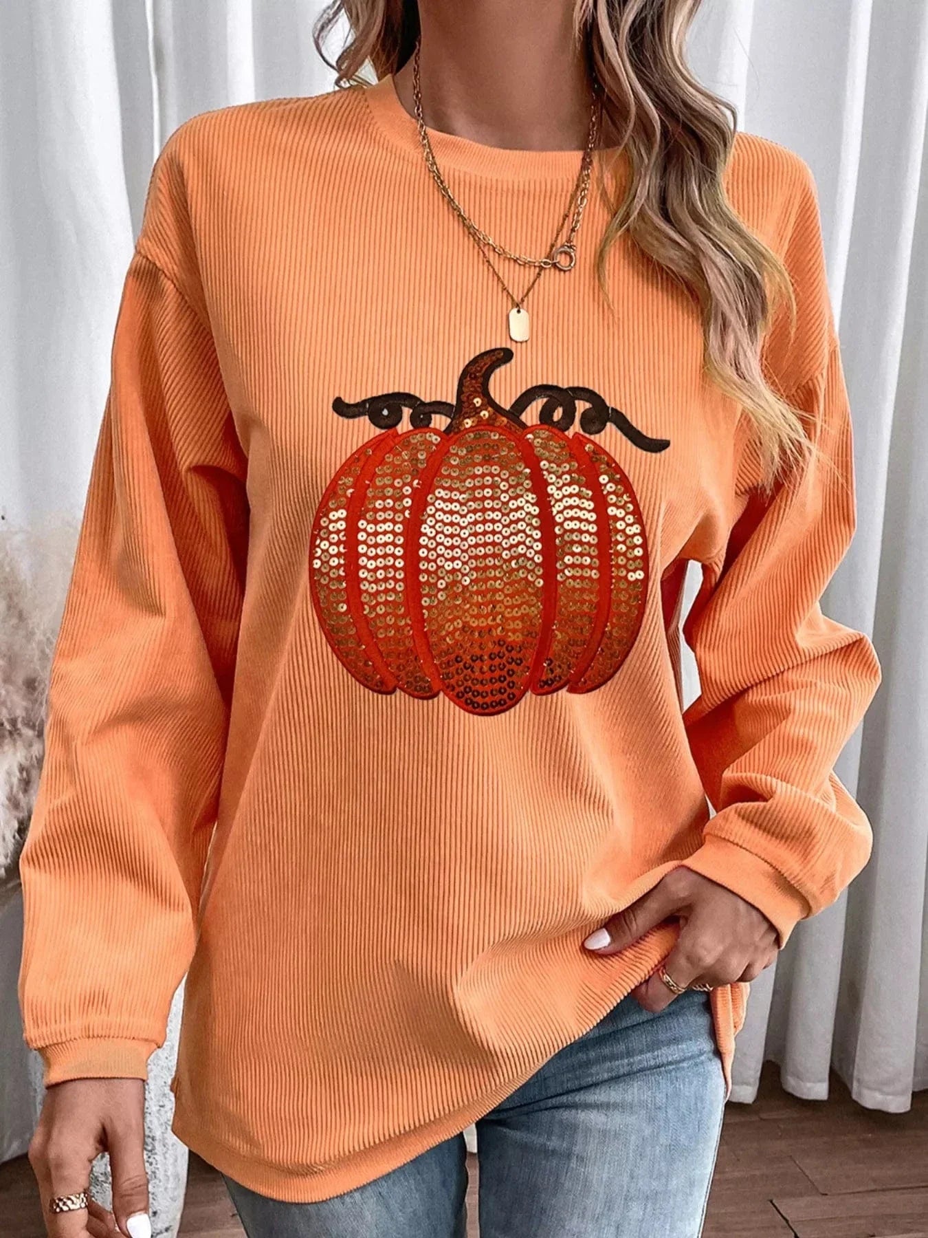Halloween sweaters Halloween Sequined Pumpkin Ribbed Round Neck Sweatshirt Halloween Sequined Pumpkin Ribbed Round Neck Sweatshirt