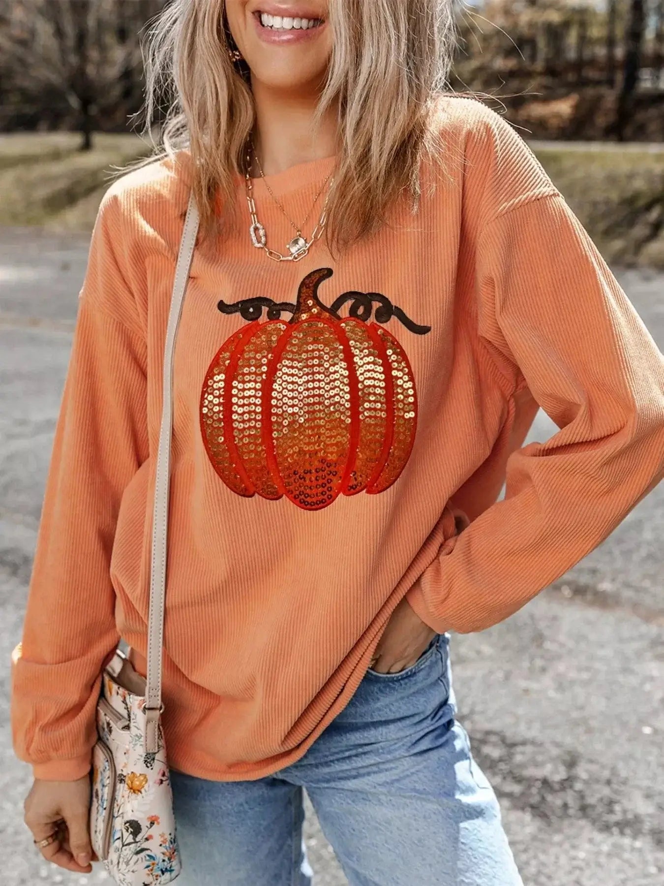 Halloween sweaters Halloween Sequined Pumpkin Ribbed Round Neck Sweatshirt Halloween Sequined Pumpkin Ribbed Round Neck Sweatshirt