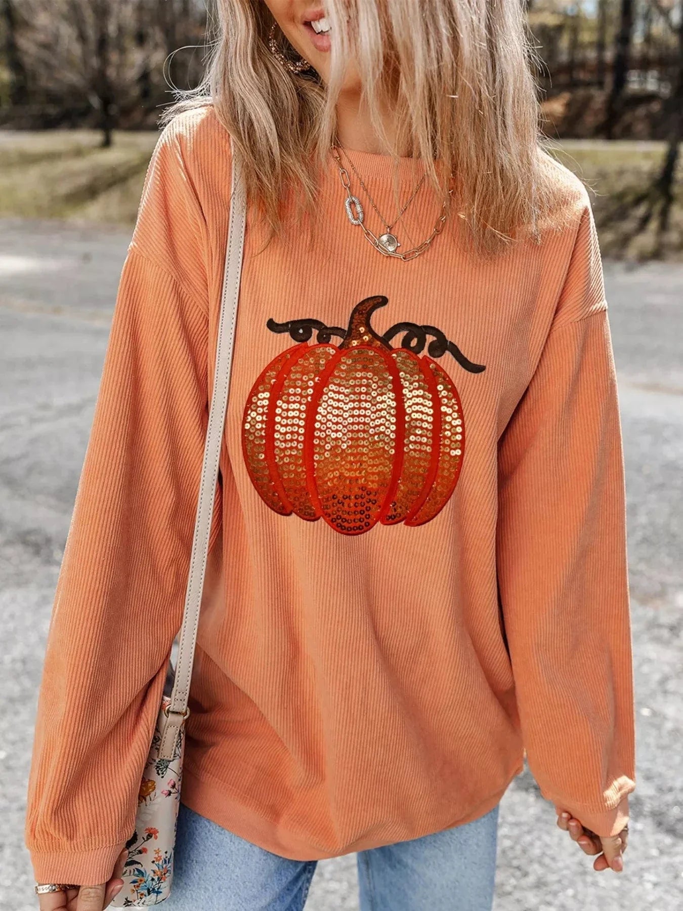 Halloween sweaters Halloween Sequined Pumpkin Ribbed Round Neck Sweatshirt Halloween Sequined Pumpkin Ribbed Round Neck Sweatshirt