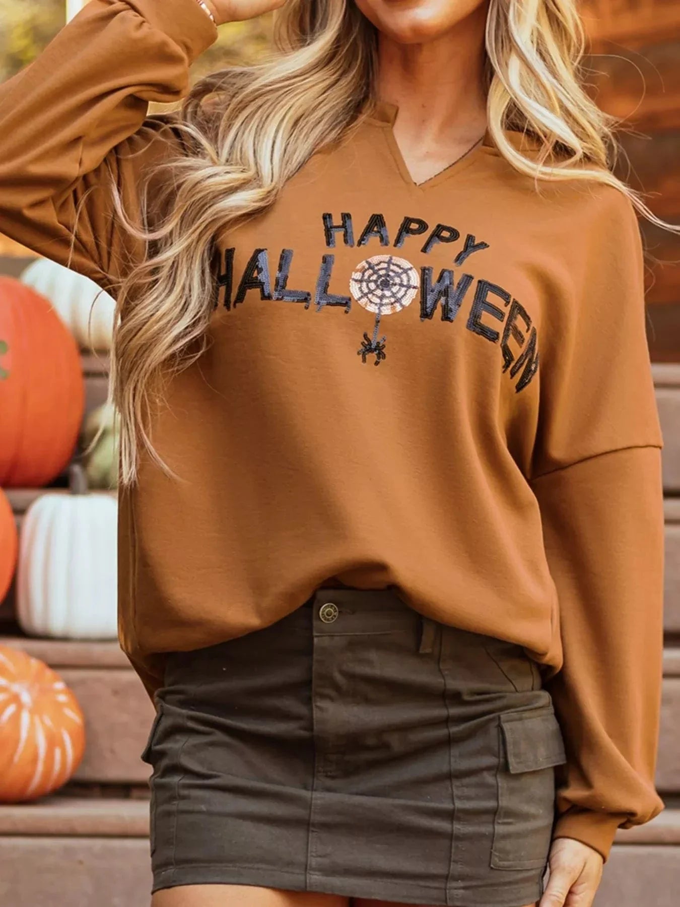 Halloween sweaters Happy Halloween Graphic Notched Long Sleeve Loose Top Happy Halloween Graphic Notched Long Sleeve Loose Top