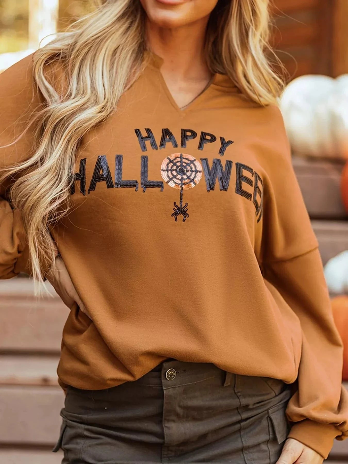 Halloween sweaters Happy Halloween Graphic Notched Long Sleeve Loose Top Happy Halloween Graphic Notched Long Sleeve Loose Top