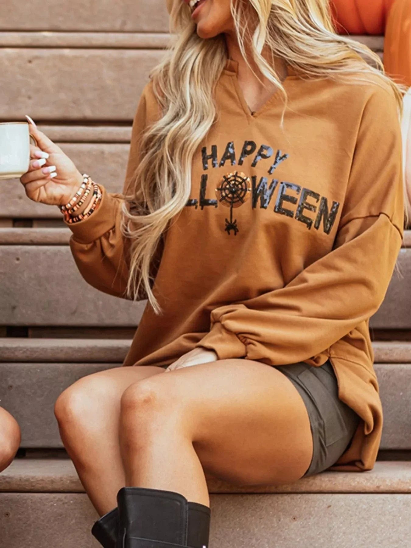 Halloween sweaters Happy Halloween Graphic Notched Long Sleeve Loose Top Happy Halloween Graphic Notched Long Sleeve Loose Top
