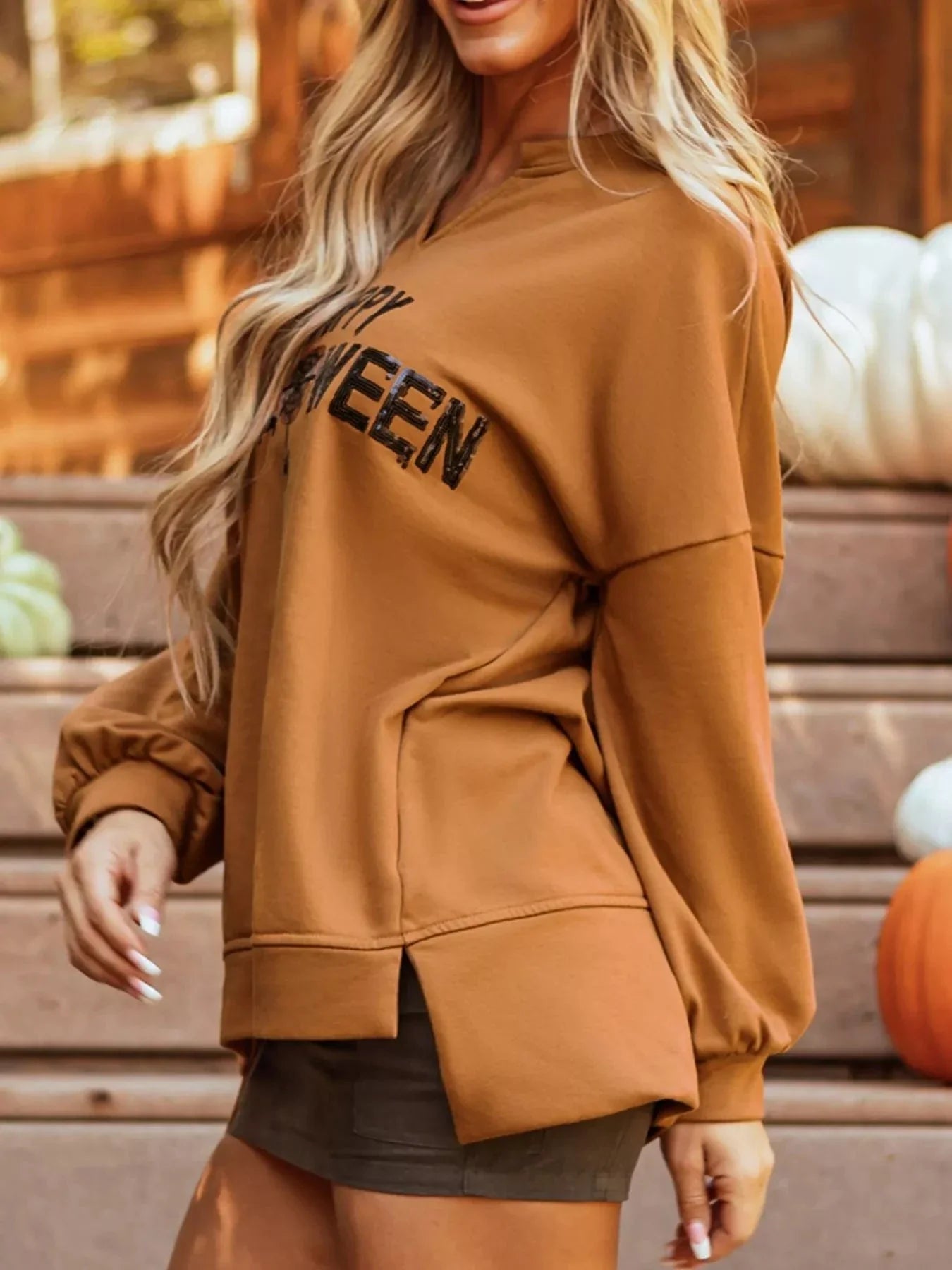 Halloween sweaters Happy Halloween Graphic Notched Long Sleeve Loose Top Happy Halloween Graphic Notched Long Sleeve Loose Top