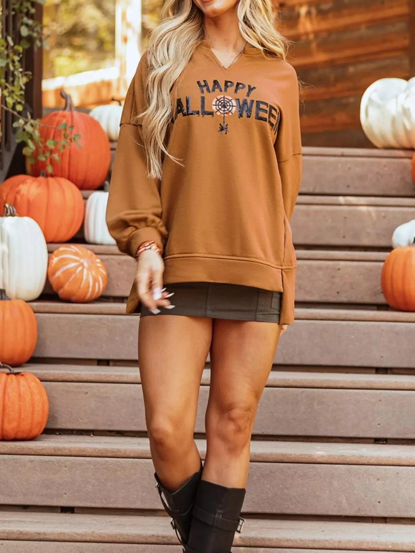 Halloween sweaters Happy Halloween Graphic Notched Long Sleeve Loose Top Happy Halloween Graphic Notched Long Sleeve Loose Top