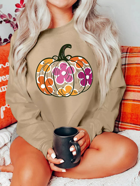 Halloween sweaters Khaki / S Halloween Floral Pumpkin Graphic Drop Shoulder Sweatshirt Halloween Floral Pumpkin Graphic Drop Shoulder Sweatshirt
