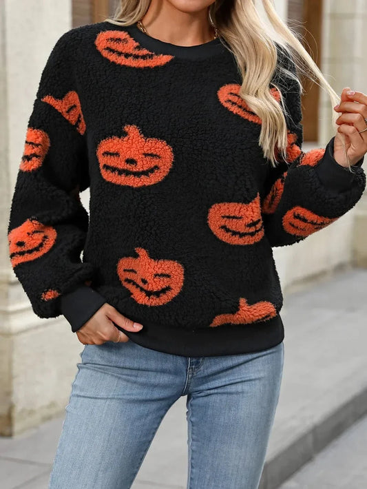 Halloween sweaters Orange / S Fuzzy Pumpkin Round Neck Dropped Shoulder Sweater Fuzzy Pumpkin Round Neck Dropped Shoulder Sweater