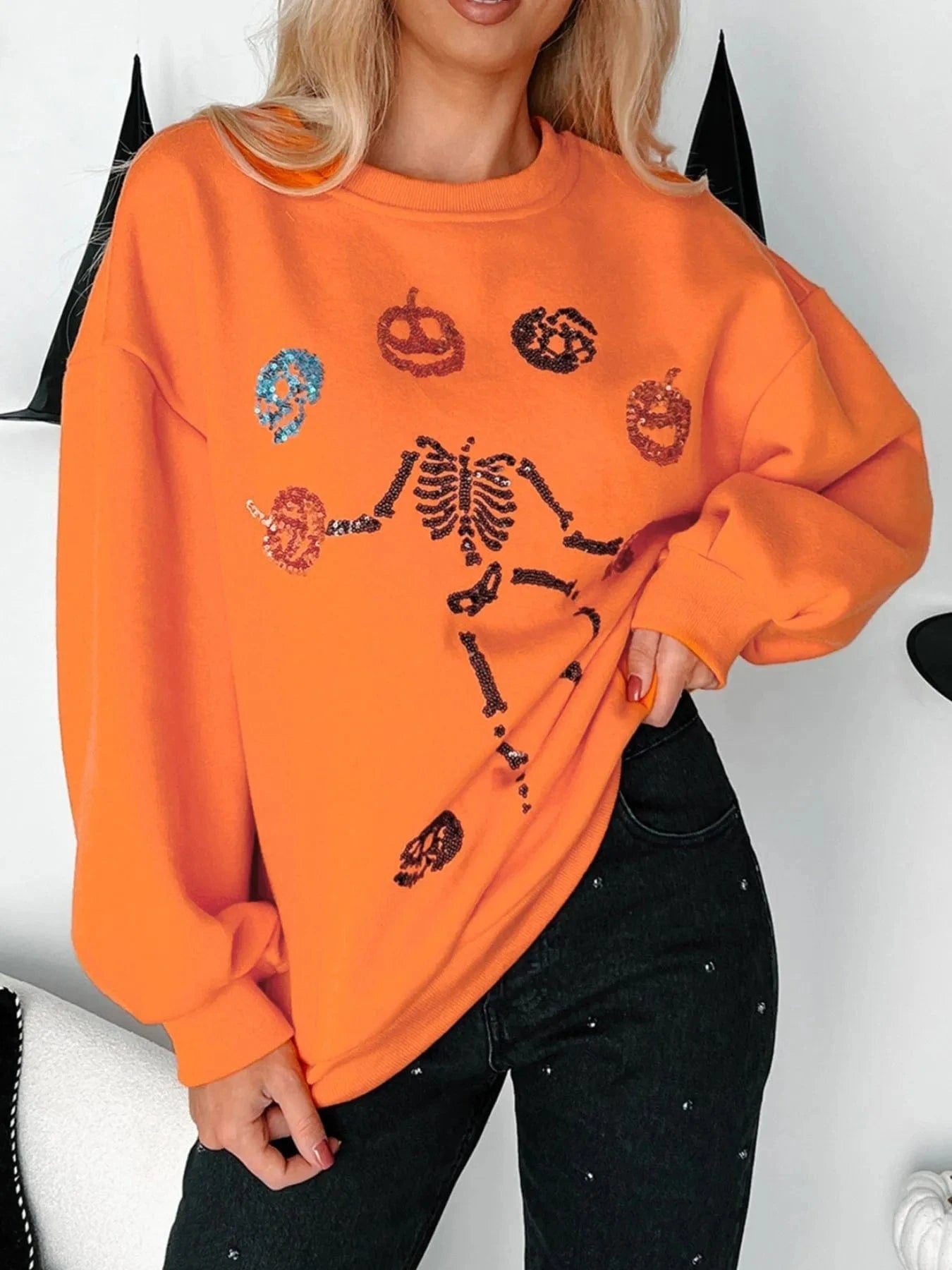 Halloween sweaters Orange / S Halloween Skeleton Pumpkin Sweatshirt Halloween Skeleton Pumpkin Sweatshirt
