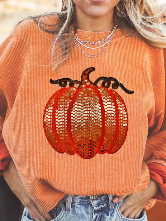 Halloween sweaters Tangerine / S Halloween Sequined Pumpkin Ribbed Round Neck Sweatshirt Halloween Sequined Pumpkin Ribbed Round Neck Sweatshirt